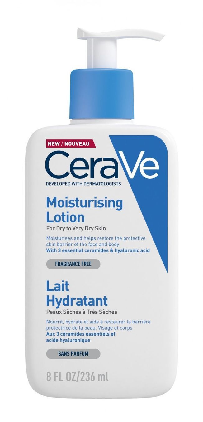 Le lait hydratant CeraVe pour visage et corps.