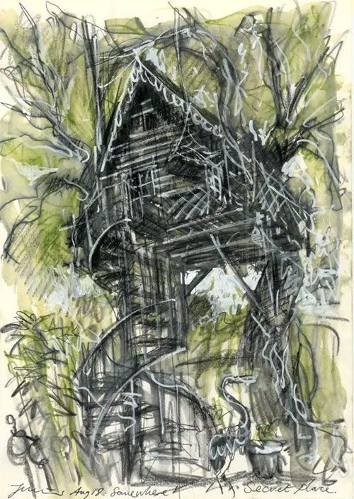 Un dessin de la cabane par un artiste gallois.